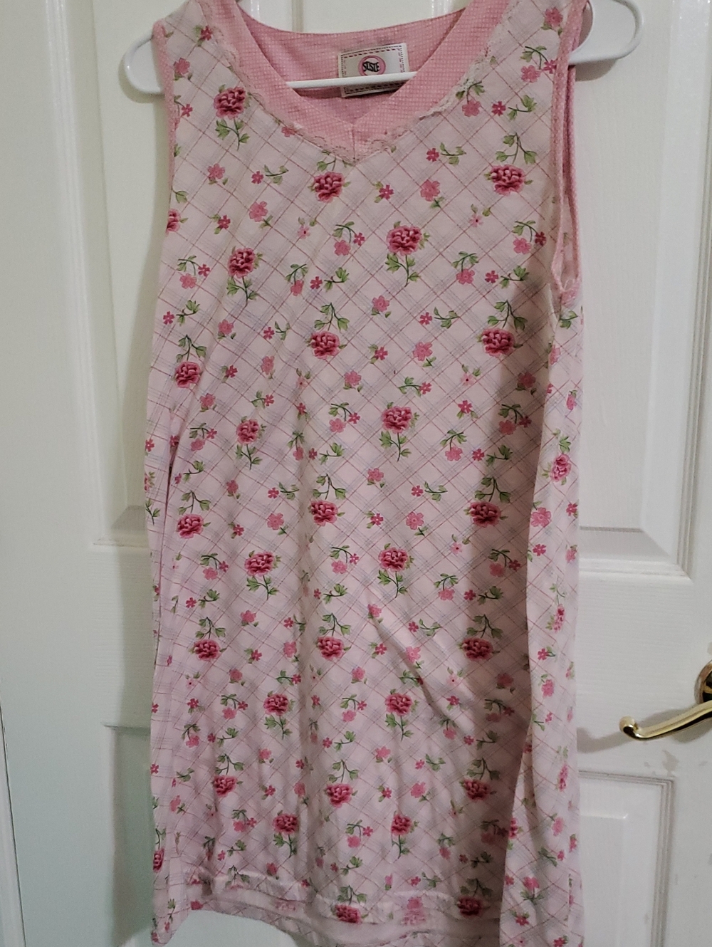 Susie Y2K Pink Floral Gingham Trim Sleeveless Knit Nightgown L